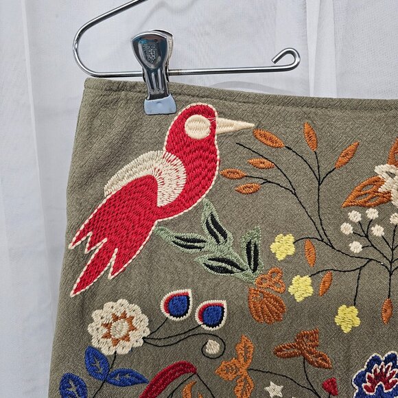 Island Girl Olive Green Red Embroidered Bird Print Mini Skirt Boho M - Picture 2 of 12